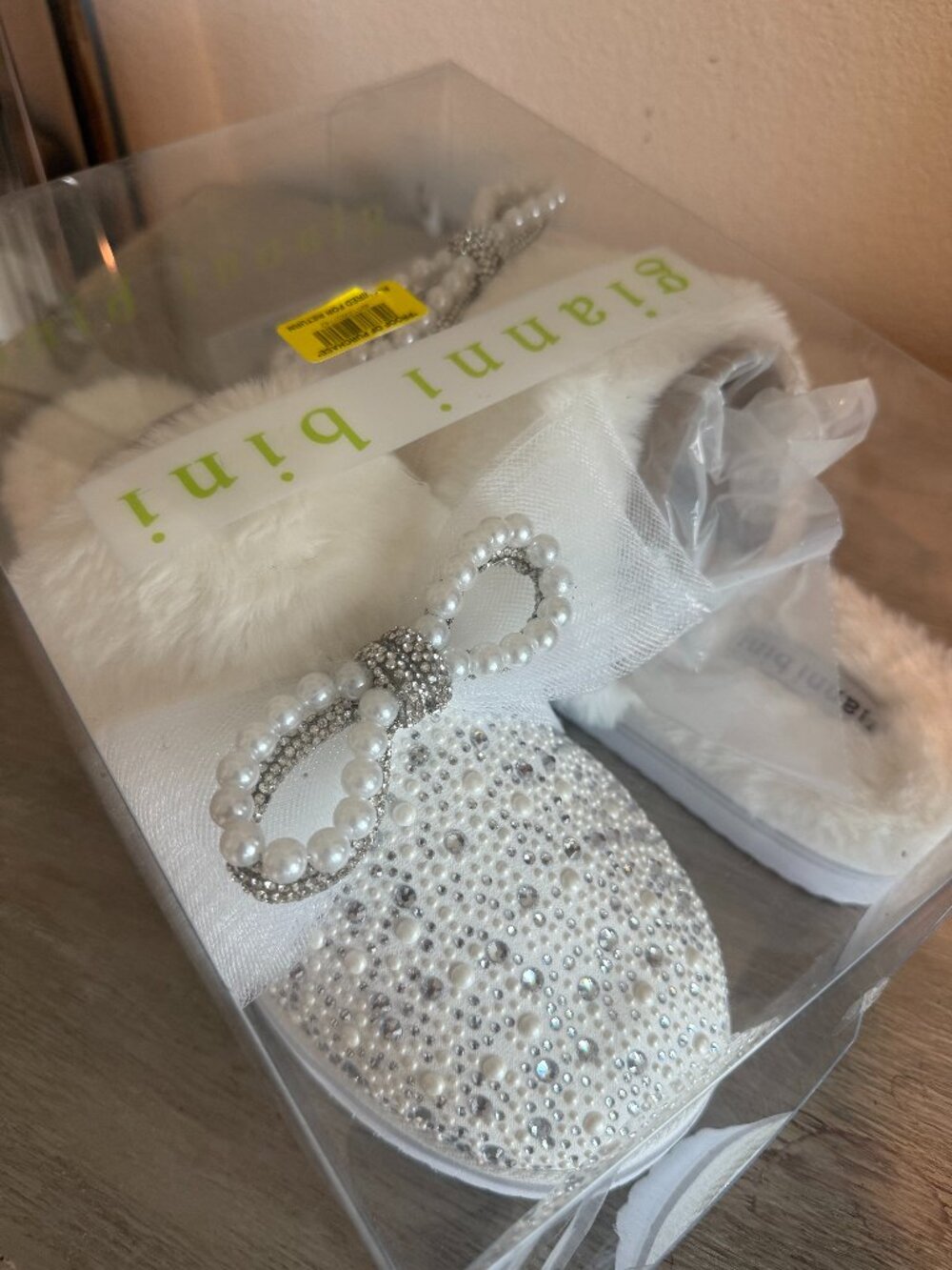 Gianni Bini ComfieeThree Rhinestone & Pearl Bow Faux Fur Slippers - White